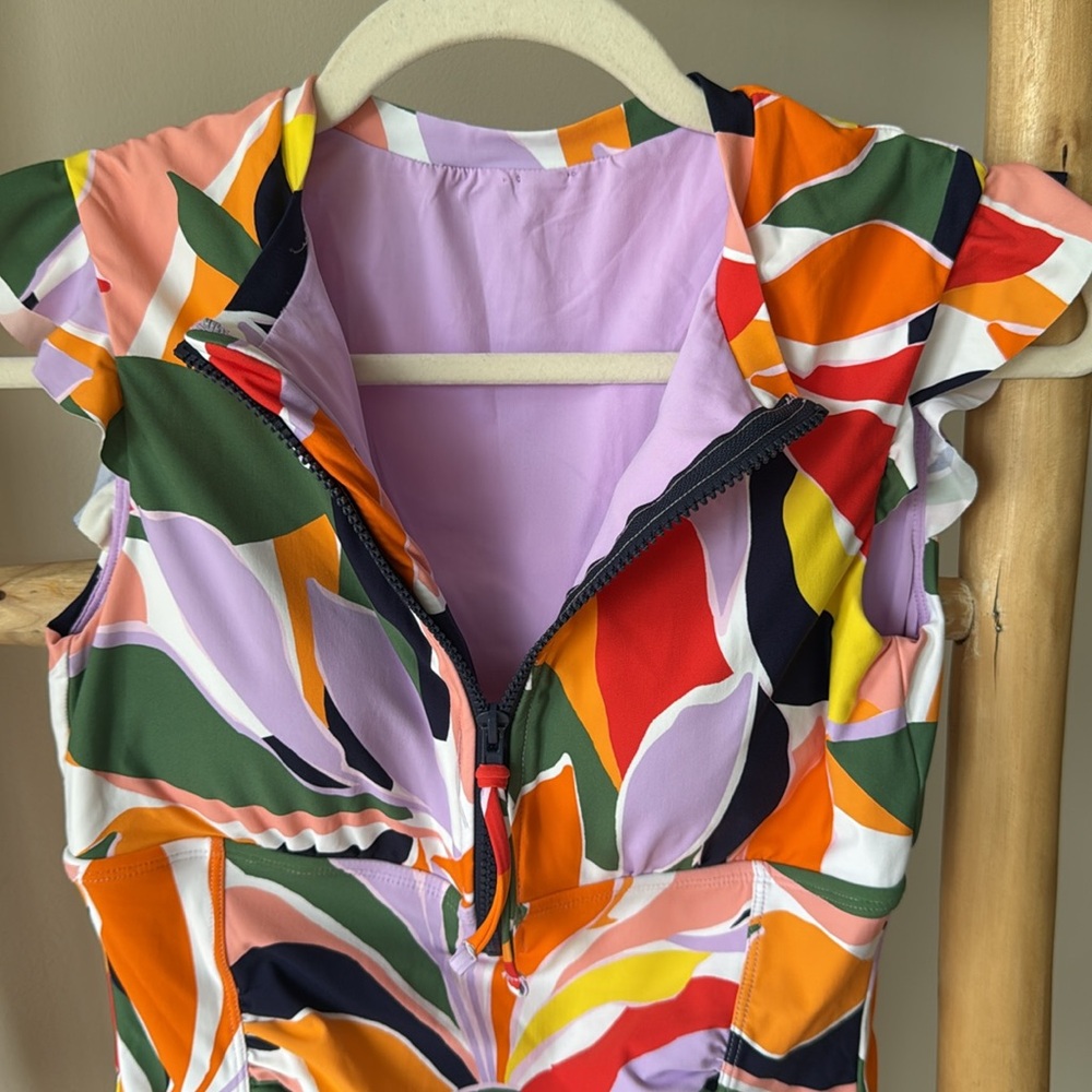 Anne Cole Zip Up Flutter Sleeve Rash Guard One Piece Swimsuit in Palm Party Sz 6 - Picture 7 of 15